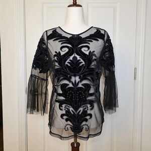 INC International Concepts Velvet Beaded Mesh Sheer Blouse